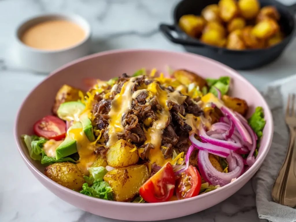 Serving idea showing a customizable burger bowl bar with toppings and roasted potatoes
