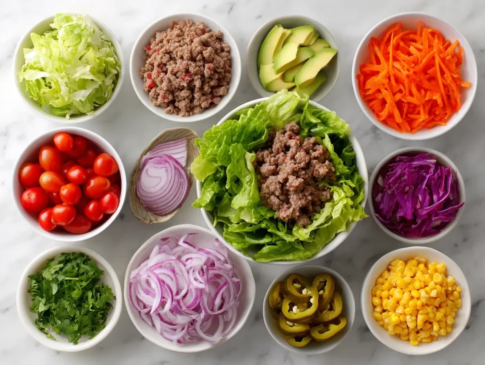 Raw ingredients for burger bowl including potatoes, ground beef, onions, cheese, and lettuce