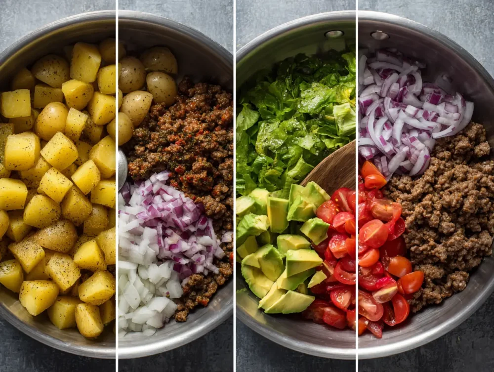 Assembling a burger bowl with potatoes, toppings, cheese, and sauce