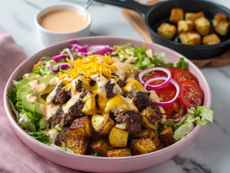 Assembling a burger bowl with potatoes, toppings, cheese, and sauce
