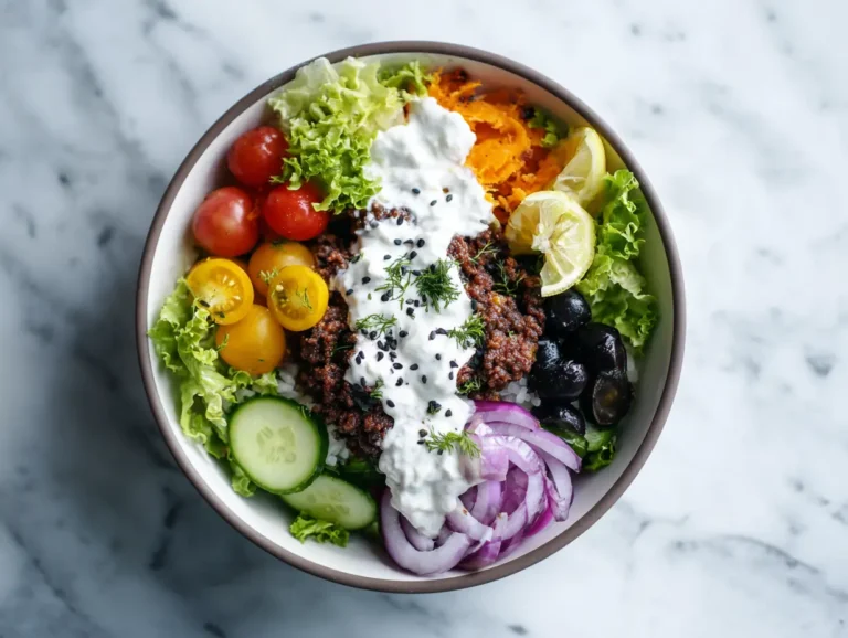 A close-up of a healthy burger bowl recipe