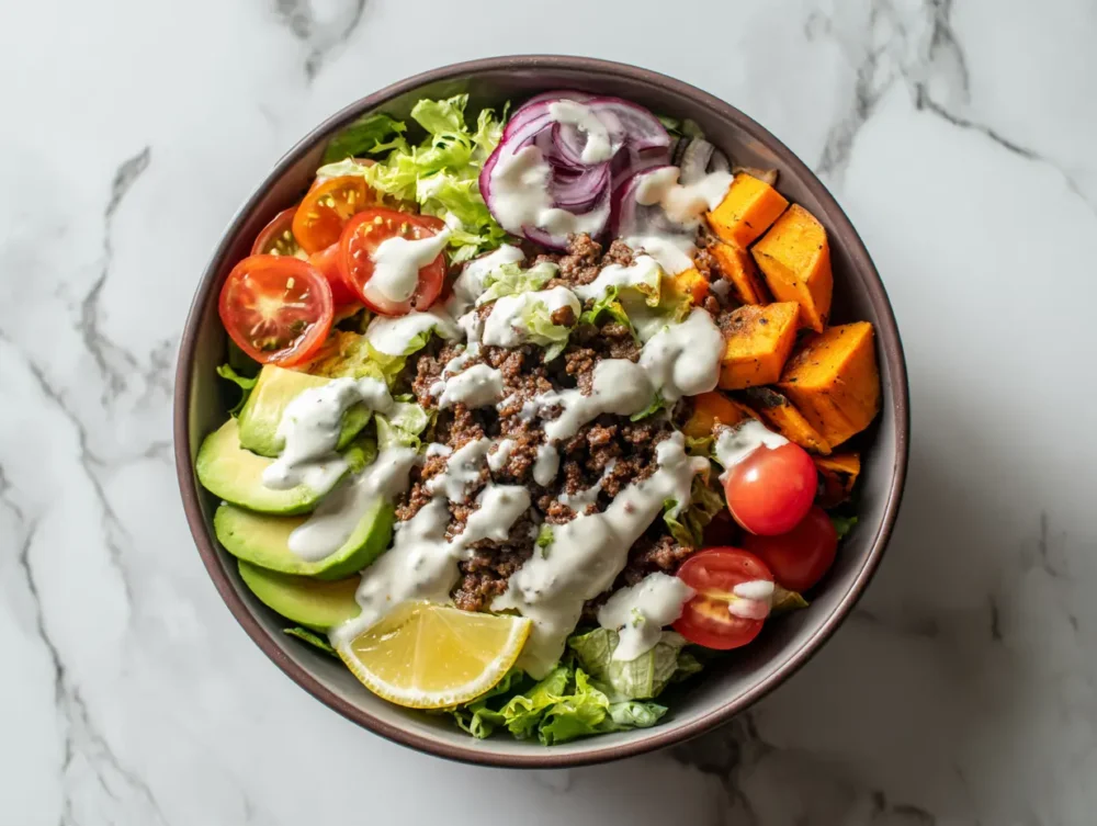 Flavor-packed burger bowl with sweet potato and vibrant toppings