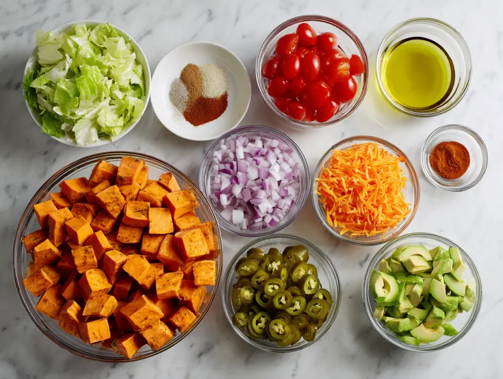 ingredients of burger bowl with sweet potato