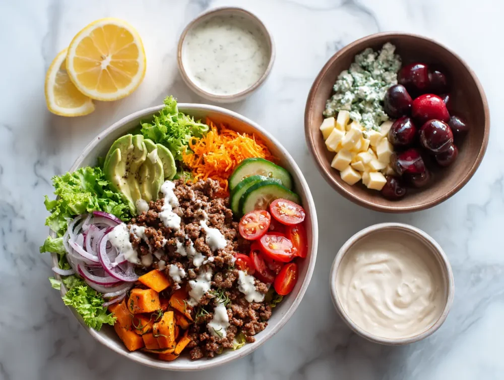 A delicious variety of custom toppings to personalize your burger bowl