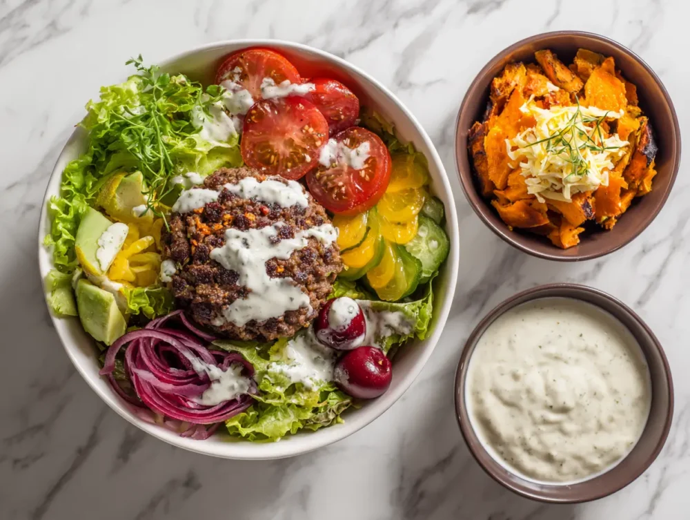 A keto-friendly burger bowl rich in healthy fats and lean protein