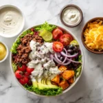 burger bowl with sweet potato and healthy toppings