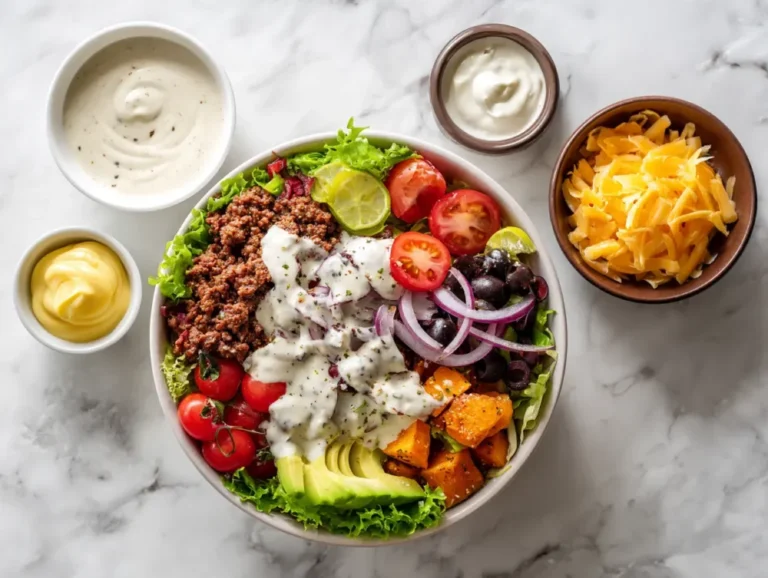 burger bowl with sweet potato and healthy toppings