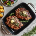 Delmonico steak dinner with sides