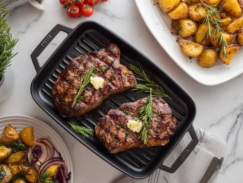 A fully plated Delmonico steak meal