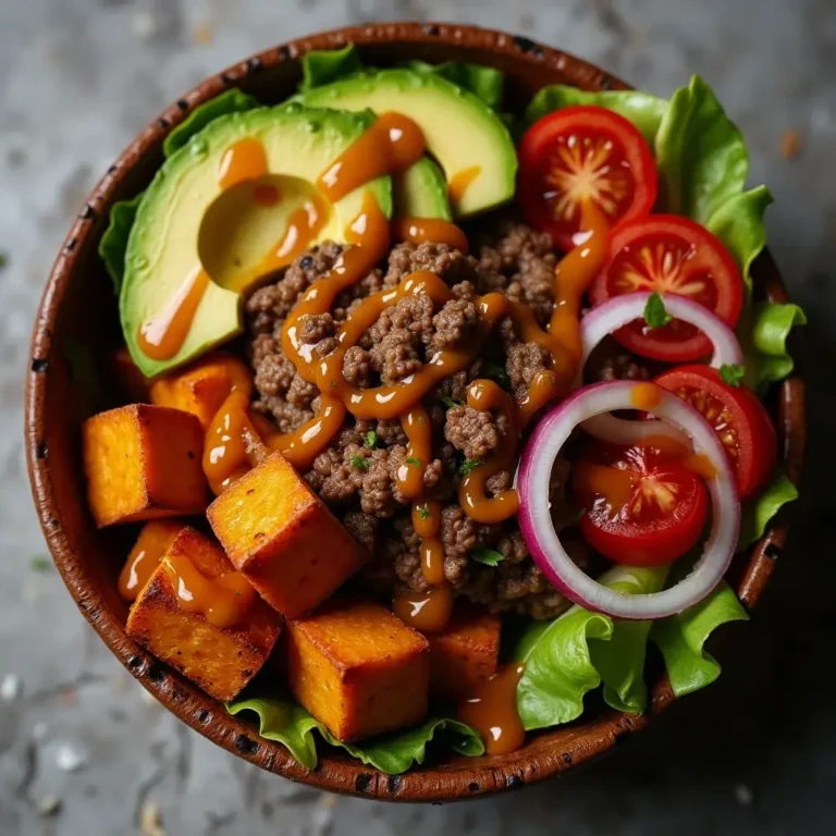 burger bowl with sweet potato and healthy toppings