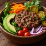 healthy burger bowl recipe with fresh veggies and ground beef