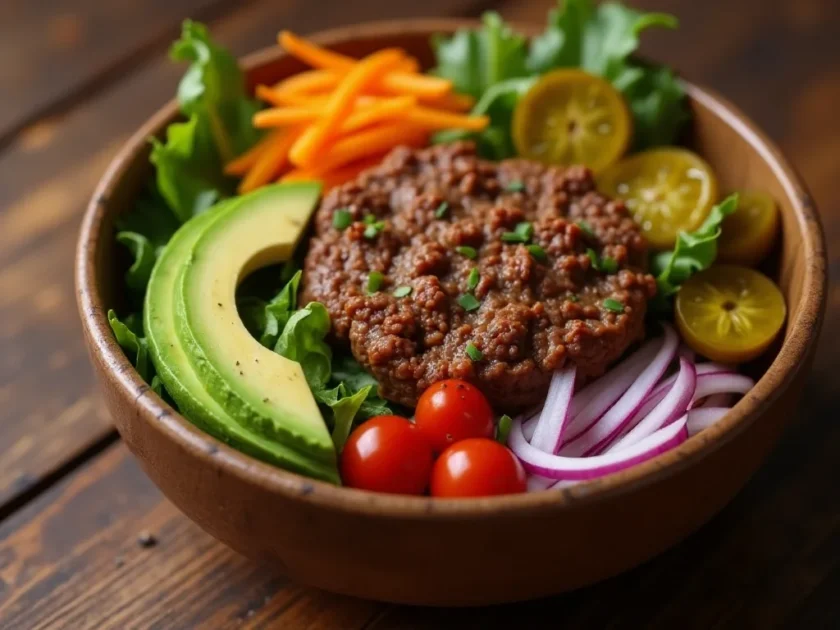 healthy burger bowl recipe with fresh veggies and ground beef