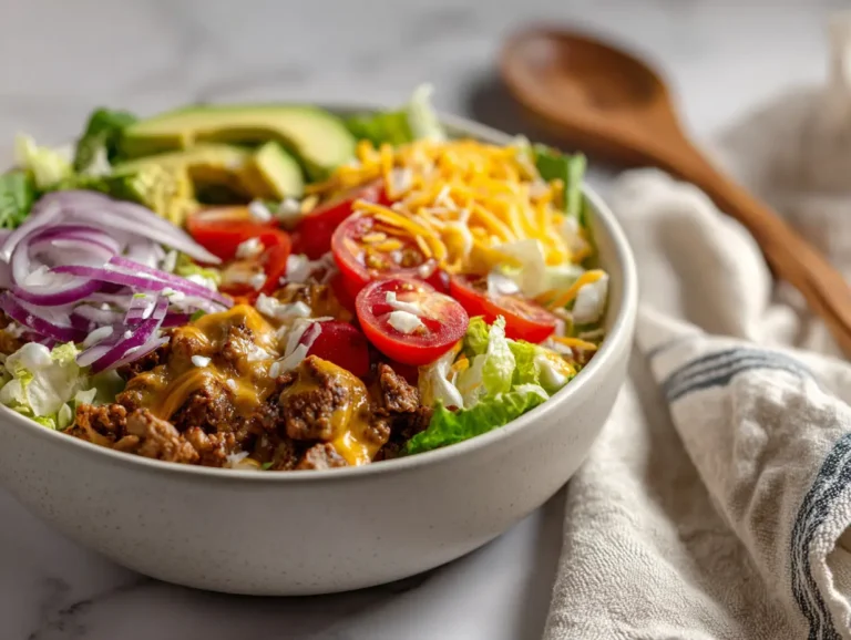 simple burger bowl recipe with beef, avocado, and veggies