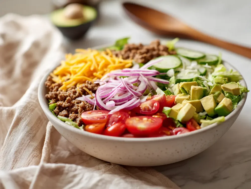 A vibrant and healthy burger bowl loaded with fresh toppings