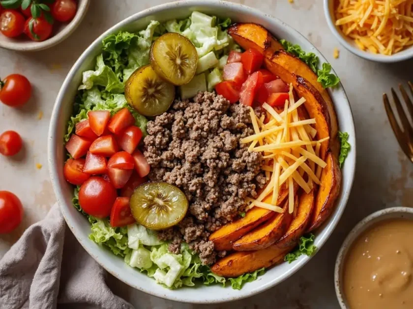 Burger bowl with potatoes topped with seasoned beef, cheese, and fresh toppings