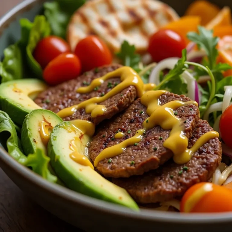 simple burger bowl recipe with beef, avocado, and veggies
