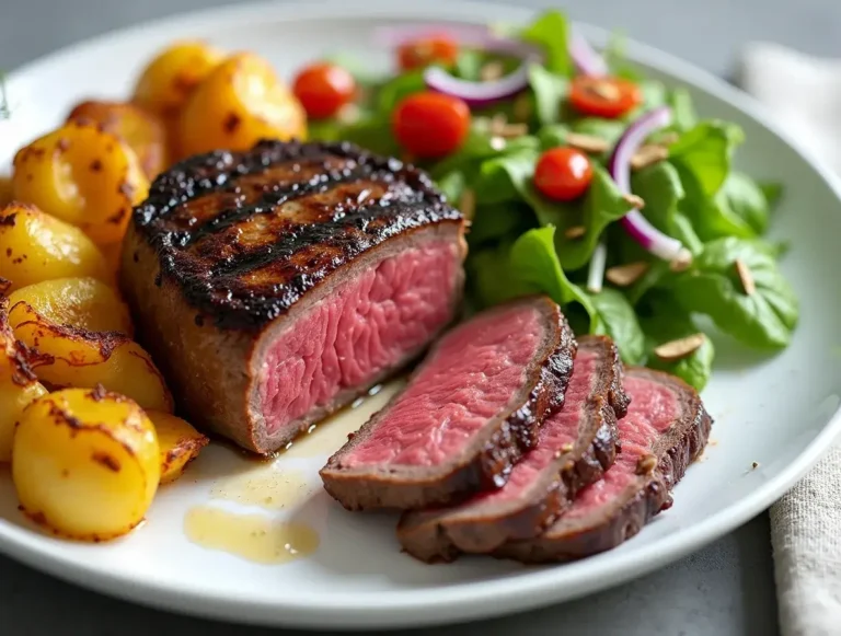 Delmonico steak recipe dinner served with classic side dishes plate