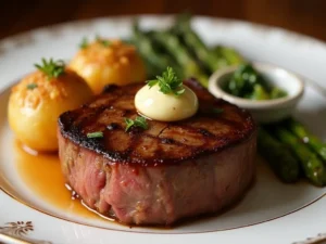 Delmonico steak with Delmonico potatoes, asparagus, and creamed spinach