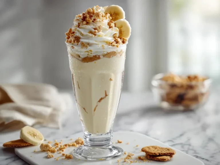 Thick banana pudding milkshake topped with whipped cream and wafers