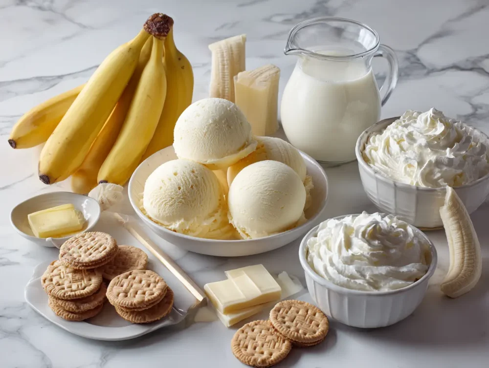 Banana pudding milkshake ingredients including bananas, vanilla ice cream, milk, and vanilla wafers