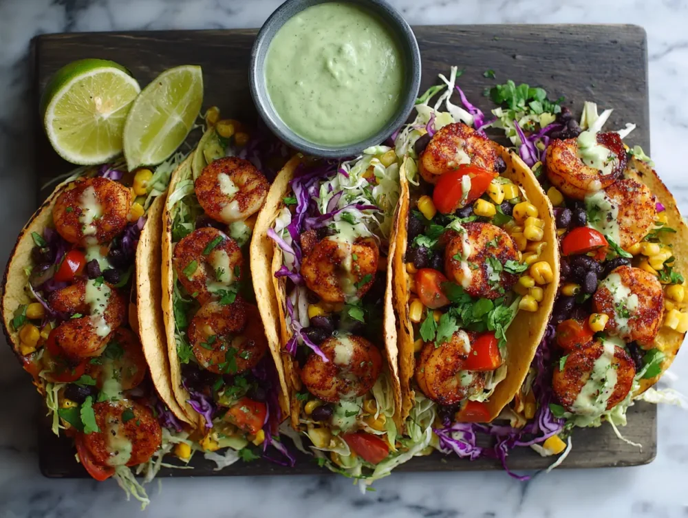 blackened shrimp tacos with sauce 
