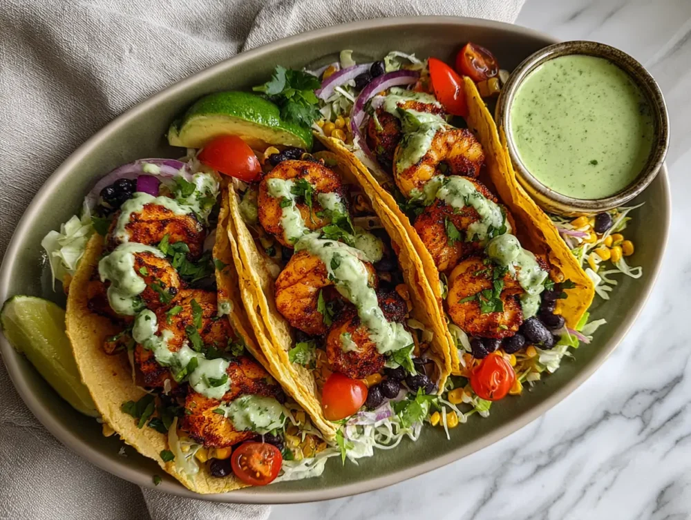 Complete shrimp taco meal with flavorful side dishes