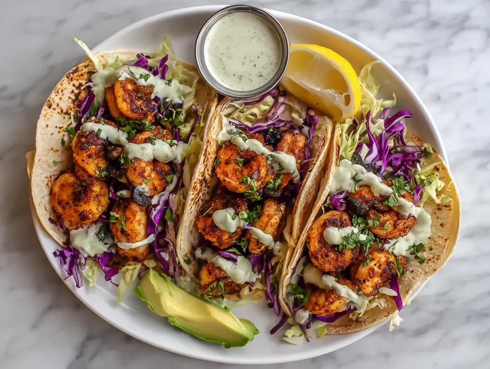 A variety of Blackened shrimp taco toppings served .