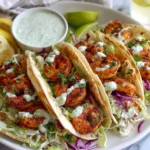 Blackened shrimp tacos with cilantro lime sauce
