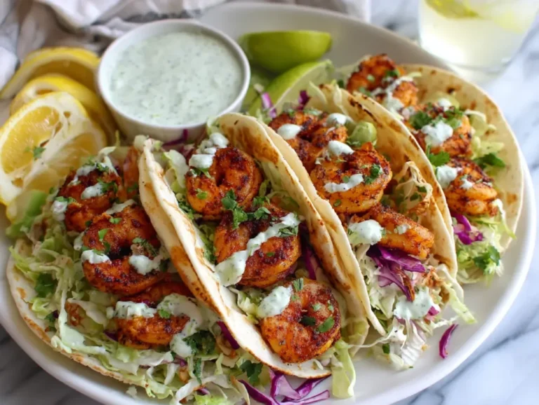 Blackened shrimp tacos with cilantro lime sauce