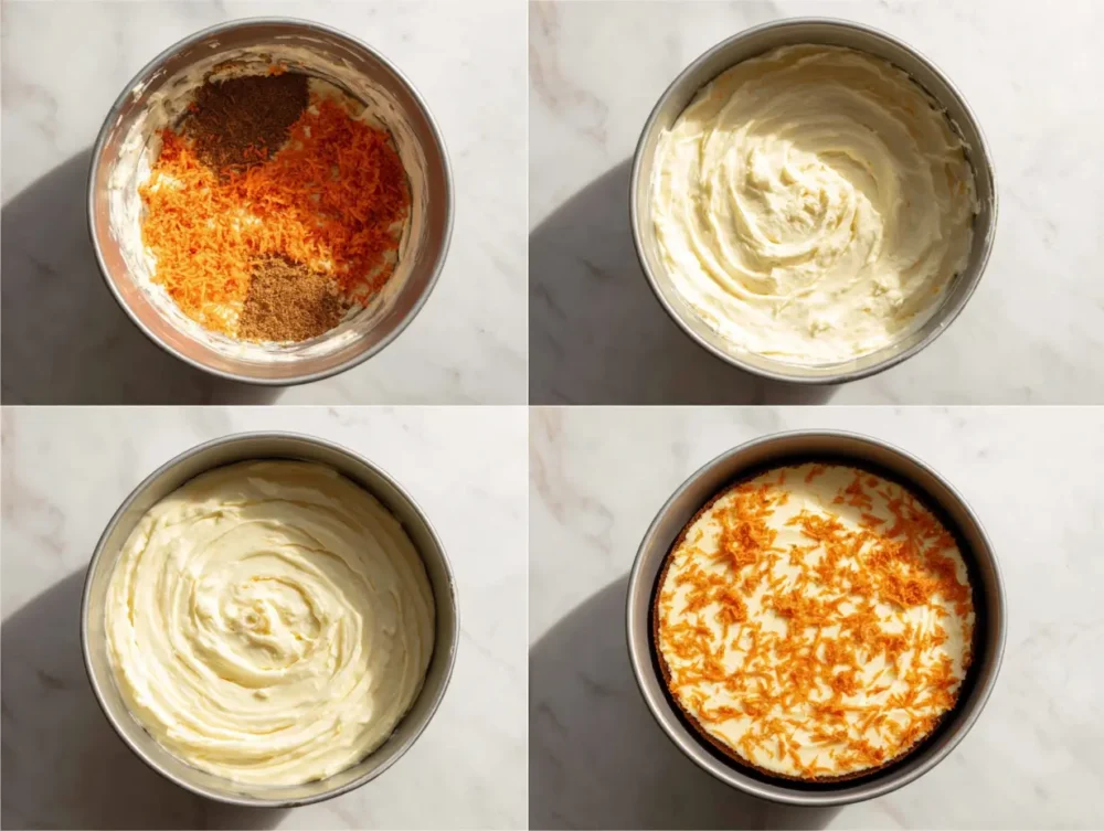 Four-step process showing carrot cake cheesecake preparation, from mixing carrot batter and cheesecake filling to layering and baking in a springform pan.