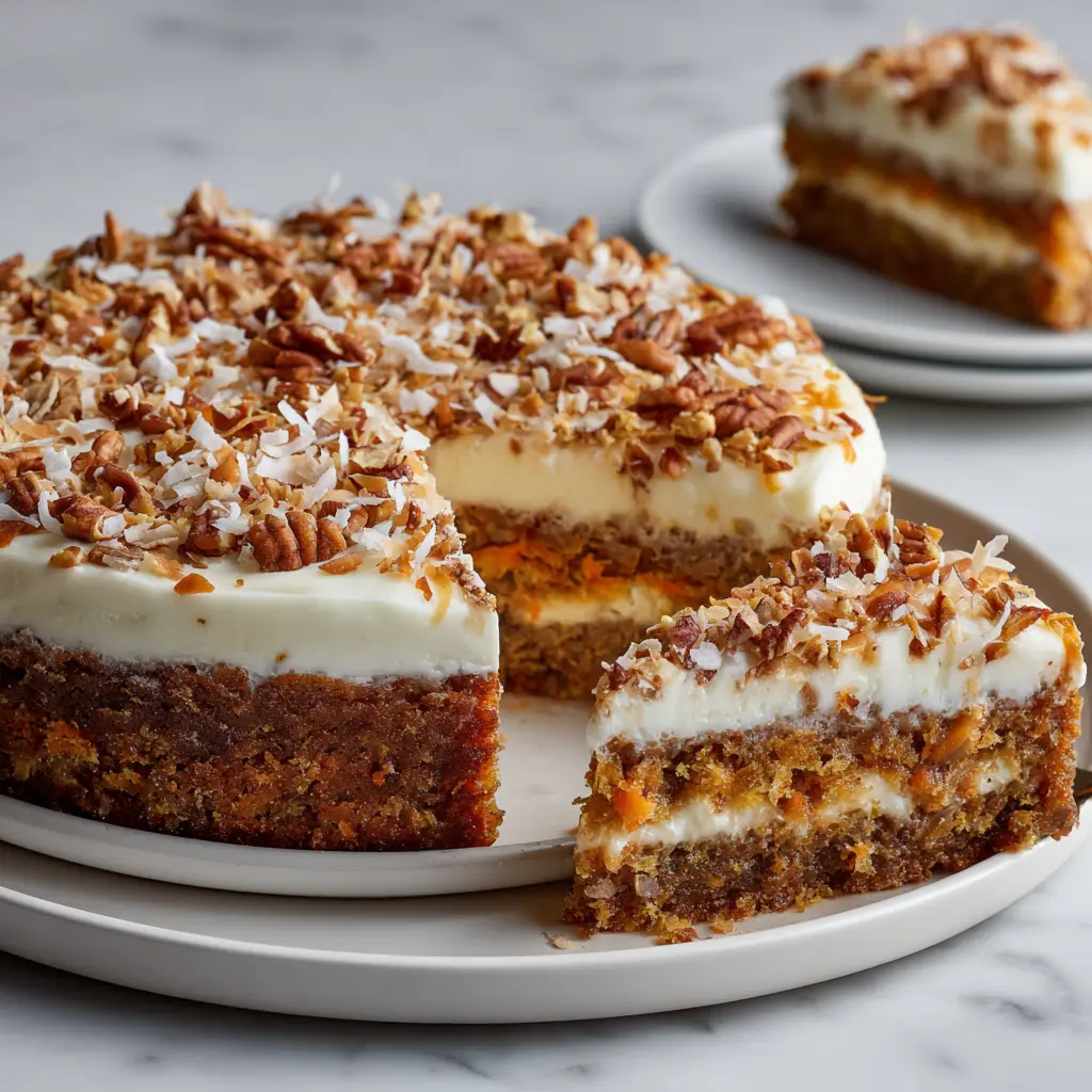 Slice of carrot cake cheesecake showing distinct layers.