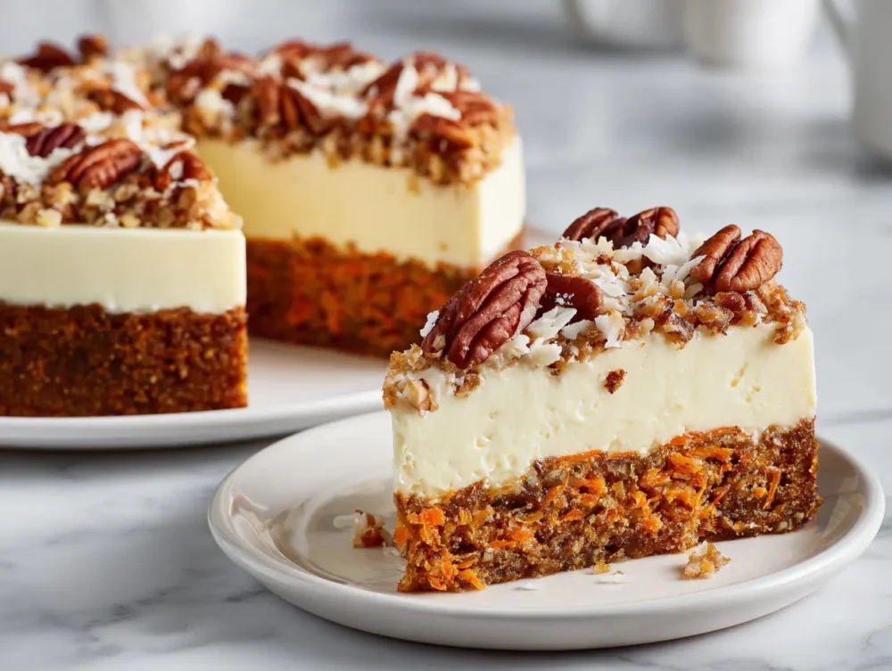 Slice showing carrot cake and cheesecake layers.
