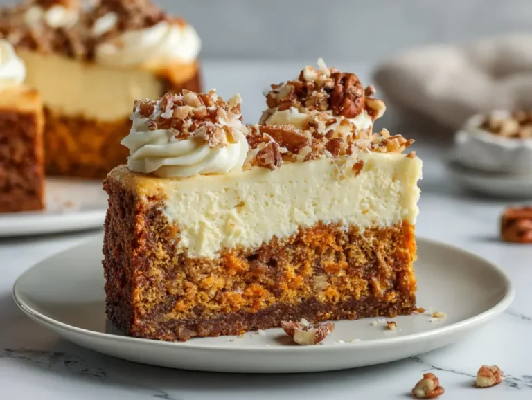 Fully baked carrot cake cheesecake topped with pecans and frosting.