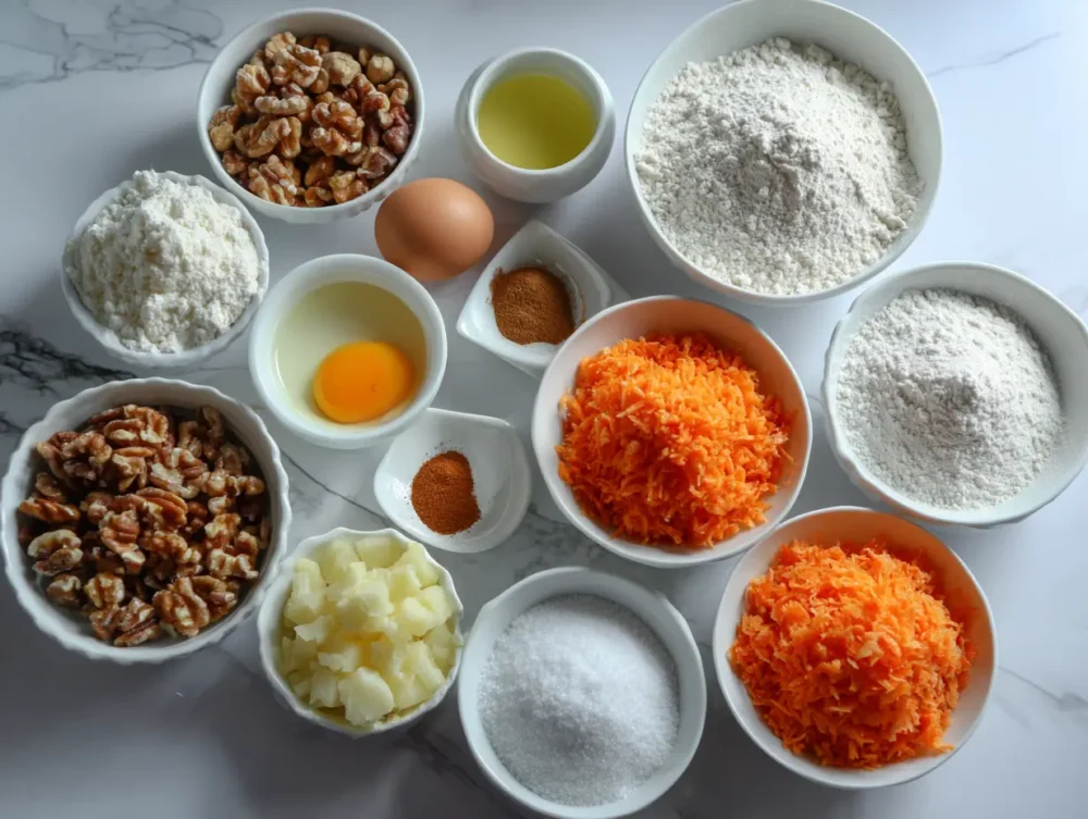 Ingredients for carrot cake cheesecake arranged on a marble surface.