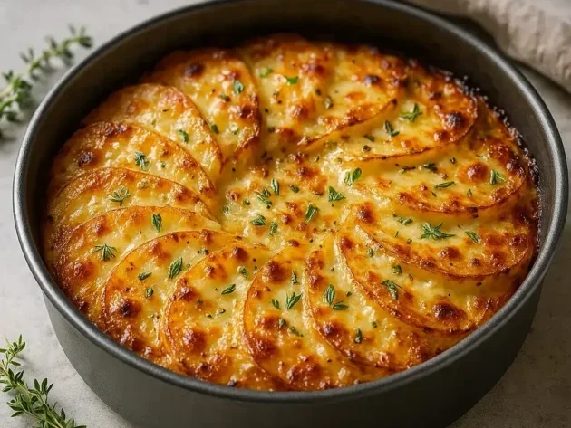 Sliced potato cake baked with golden cheese layers