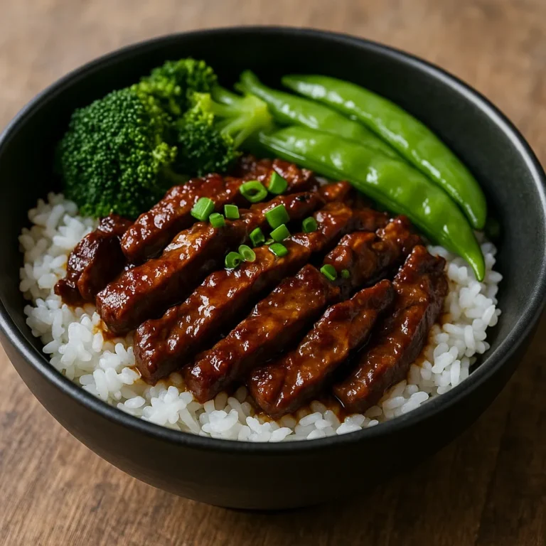 Takeout Crispy Beef Rice Bowl served hot with garlic soy glaze