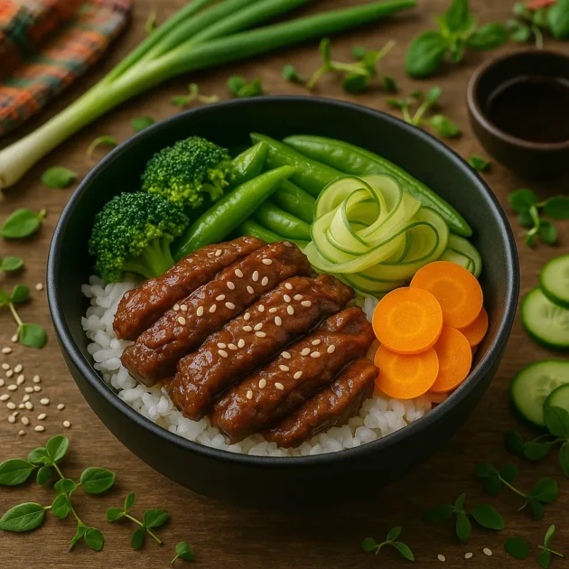 crispy beef rice bowl with cauliflower and greens