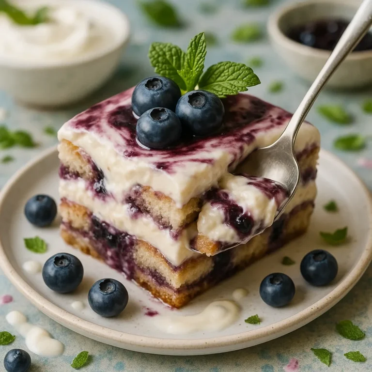 blueberry tiramisu on plate with mint