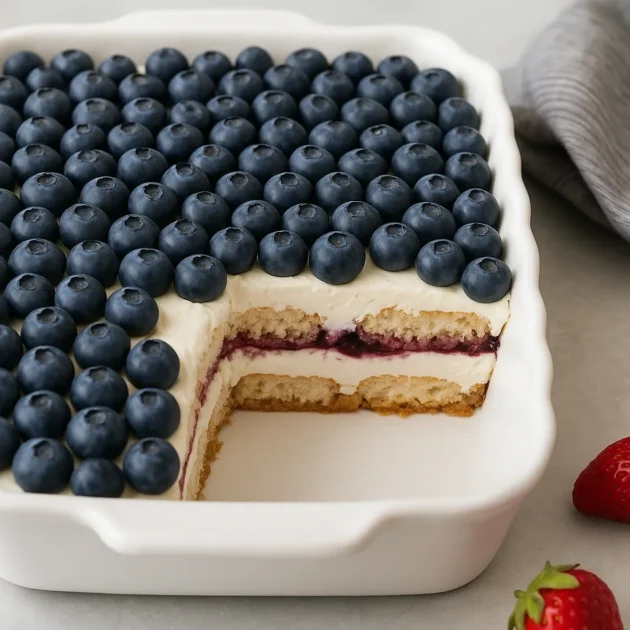 blueberry tiramisu variation in a clear baking dish