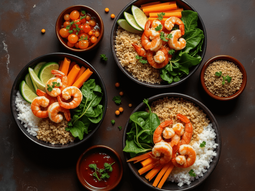 Variety of blackened shrimp bowls with toppings