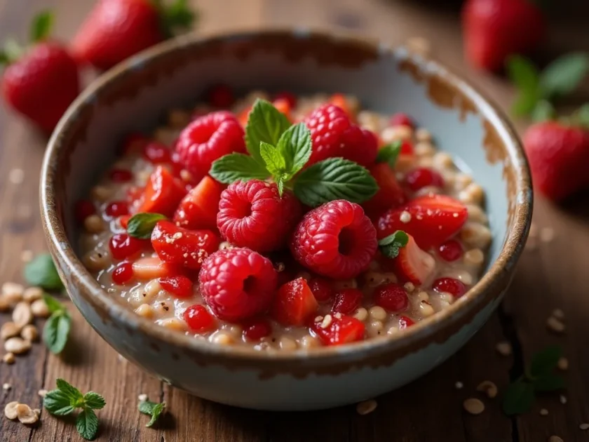 Red Berry Barley Breakfast Porridge in a wooden bowl