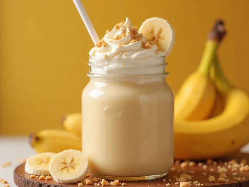 Dairy-free banana pudding milkshake with almond milk and coconut whipped cream