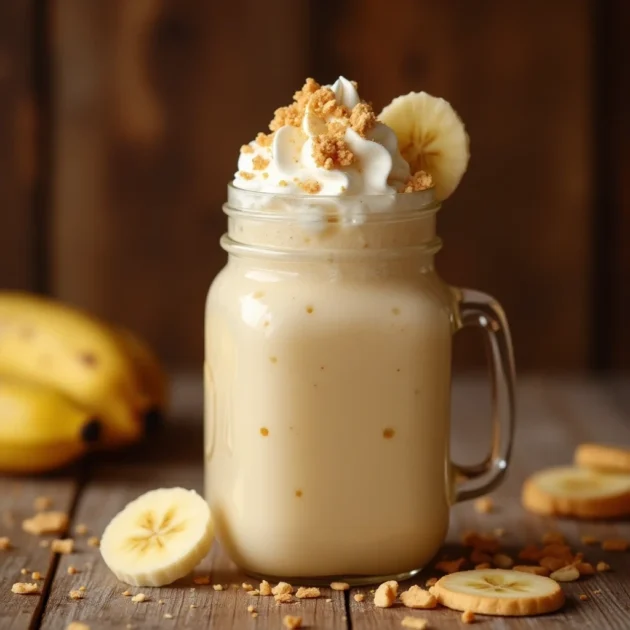 Thick banana pudding milkshake topped with wafers and bananai