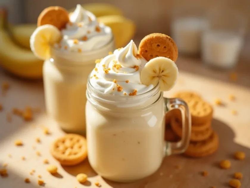 A creamy, Southern-style banana pudding milkshake served in a clear glass with nostalgic toppings