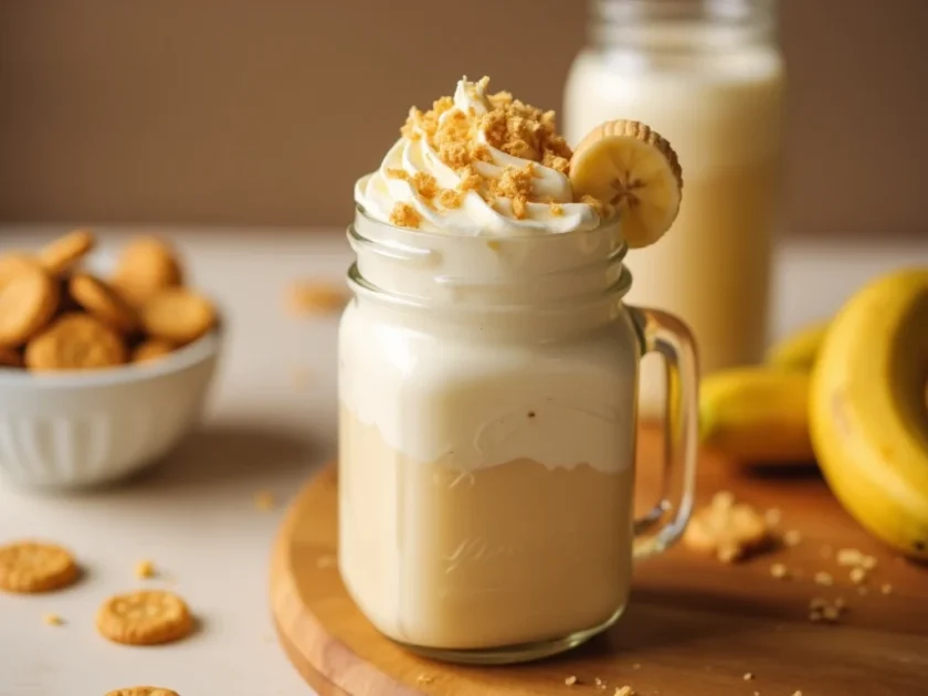 Old fashioned banana pudding milkshake in glass with toppings