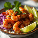 Blackened shrimp bowl with avocado cabbage and rice