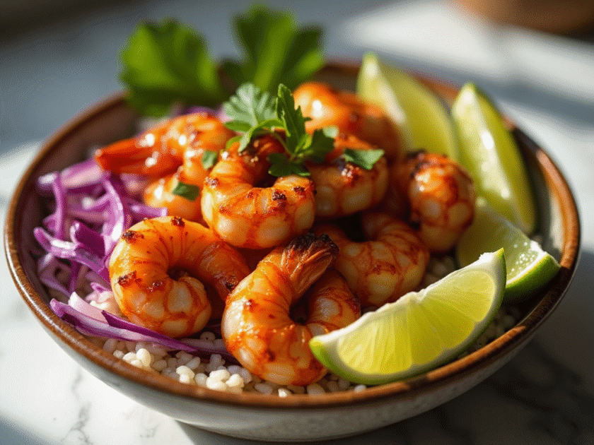 Blackened shrimp bowl with avocado cabbage and rice
