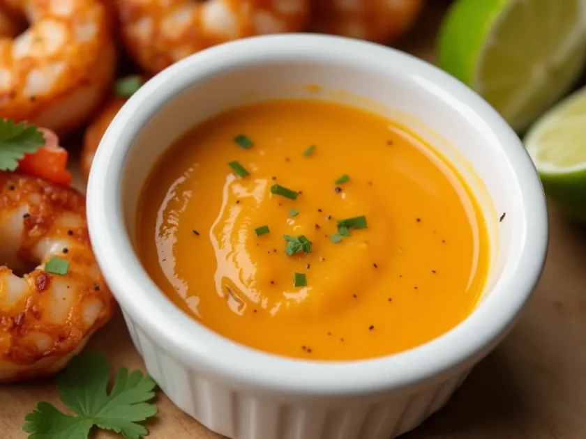 Garlic-lime taco sauce next to blackened shrimp