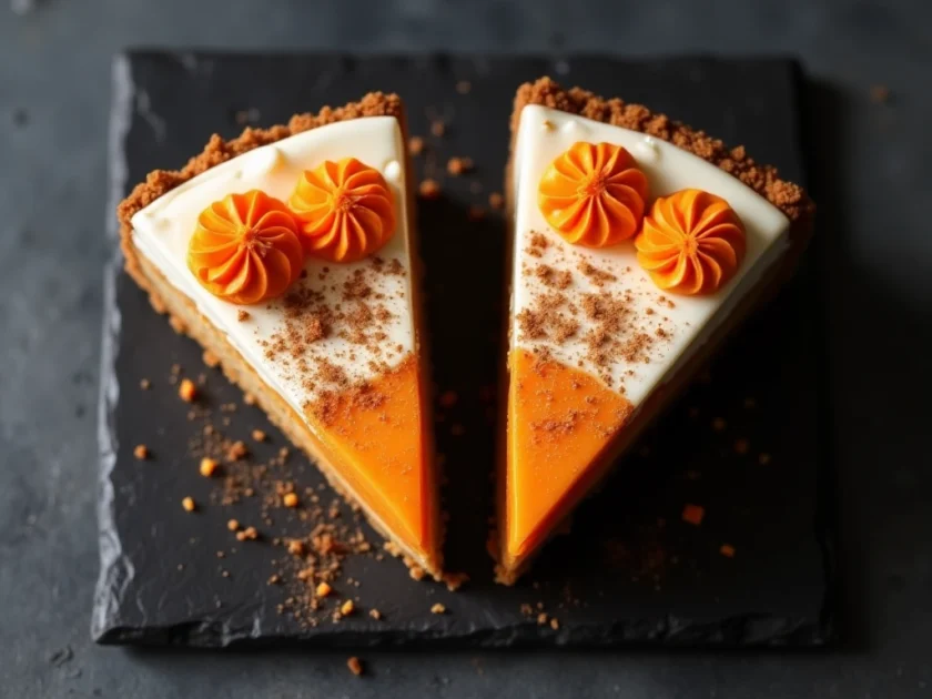 A decorated carrot cake cheesecake topped with cream cheese and cinnamon