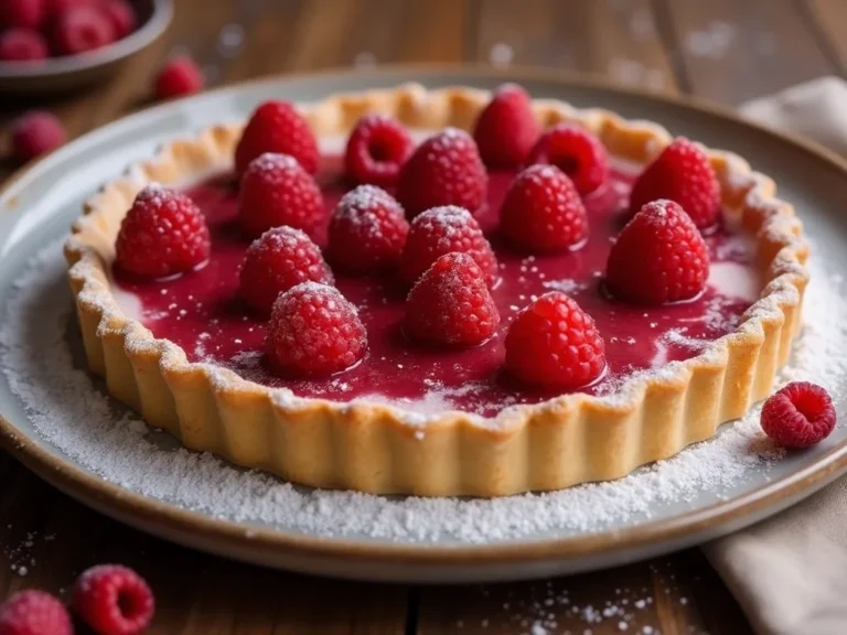 Raspberry Curd Tart with fresh raspberries on marble